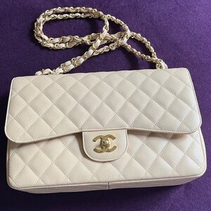 Chanel Jumbo Double Flap Cream Quilted Shoulder Bag with Gold Chain